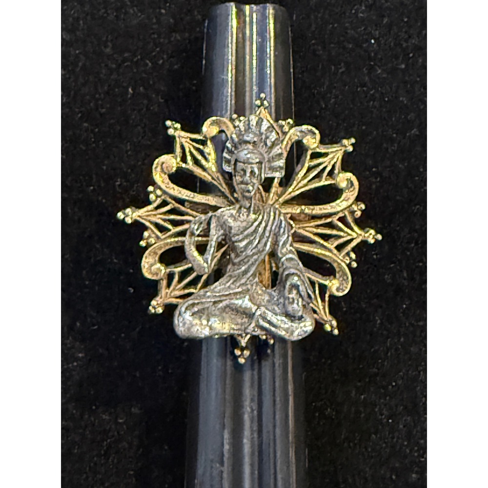VTG Art Buddha Sunburst Cocktail Scarf Ring Two Tone Gold Silver Statement 2.5"